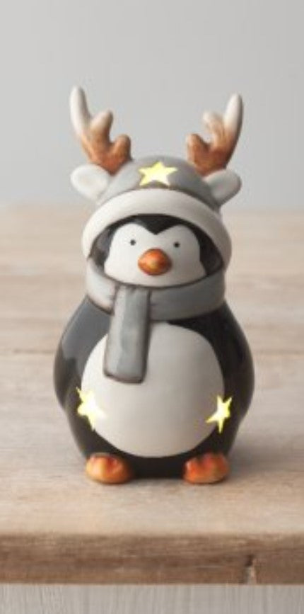 Ceramic Light Up Penguin with antlers - 13.5cm